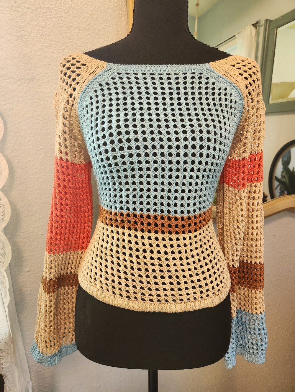 Poof! Open-Knit Scoop Neck Sweater in Beige, Blue, Coral, Brown